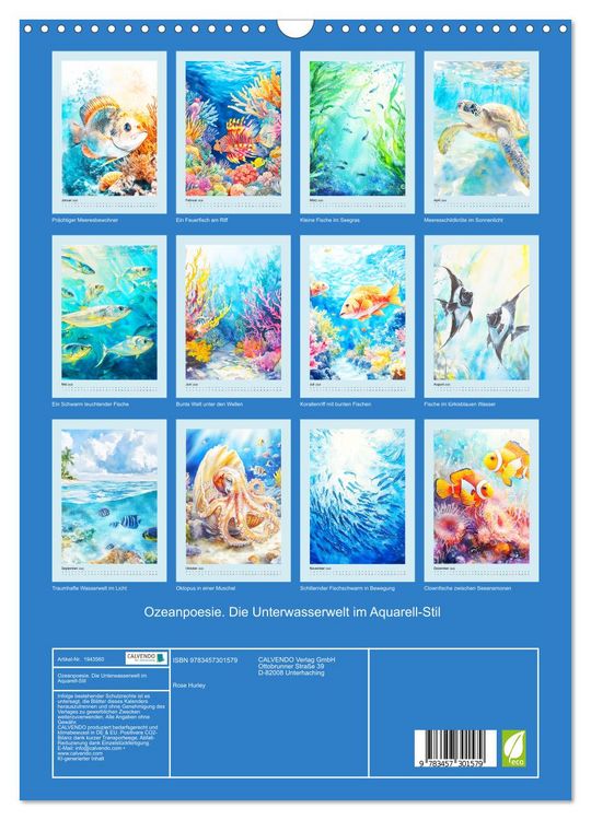 Produktbild: Ozeanpoesie. Die Unterwasserwelt im Aquarell-Stil (Wandkalender 2026 DIN A3 hoch), CALVENDO Monatskalender