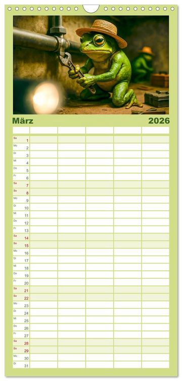 Produktbild: Familienplaner 2026 - Frosch bei der Arbeit- Dienst nach Vorschrift mit 5 Spalten (Wandkalender, 21 x 45 cm) CALVENDO