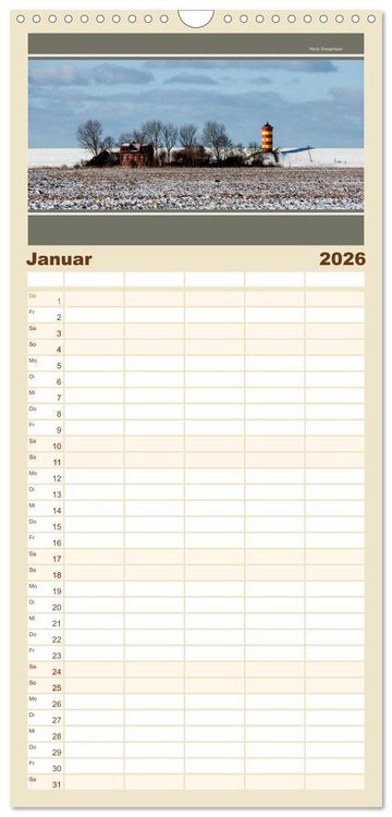 Produktbild: Familienplaner 2026 - Der Pilsumer Leuchtturm mit 5 Spalten (Wandkalender, 21 x 45 cm) CALVENDO