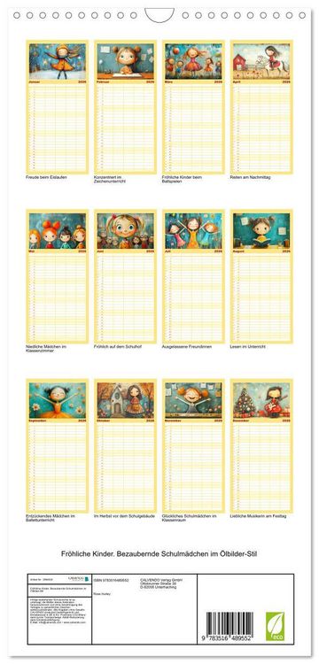Produktbild: Familienplaner 2026 - Fr&ouml;hliche Kinder. Bezaubernde Schulm&auml;dchen im &Ouml;lbilder-Stil mit 5 Spalten (Wandkalender, 21 x 45 cm) CALVENDO