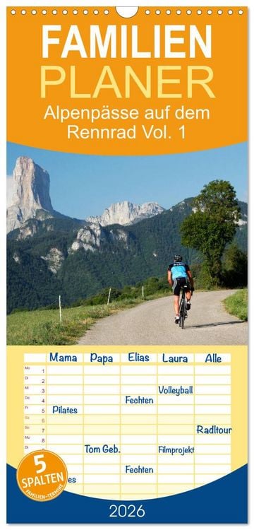 Produktbild: Familienplaner 2026 - Alpenp&auml;sse auf dem Rennrad Vol. 1 mit 5 Spalten (Wandkalender, 21 x 45 cm) CALVENDO