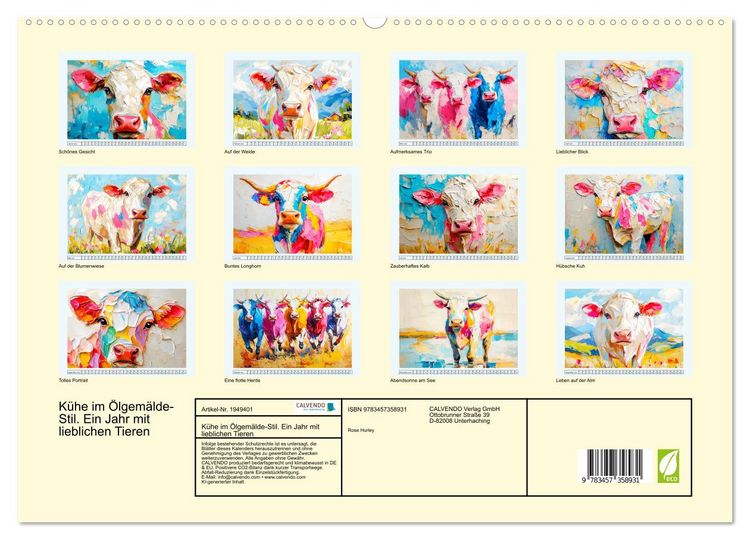 Produktbild: K&uuml;he im &Ouml;lgem&auml;lde-Stil. Ein Jahr mit lieblichen Tieren (hochwertiger Premium Wandkalender 2026 DIN A2 quer), Kunstdruck in Hochglanz