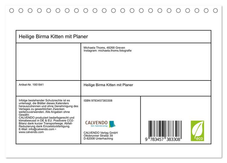 Produktbild: Heilige Birma Kitten mit Planer (Tischkalender 2026 DIN A5 quer), CALVENDO Monatskalender