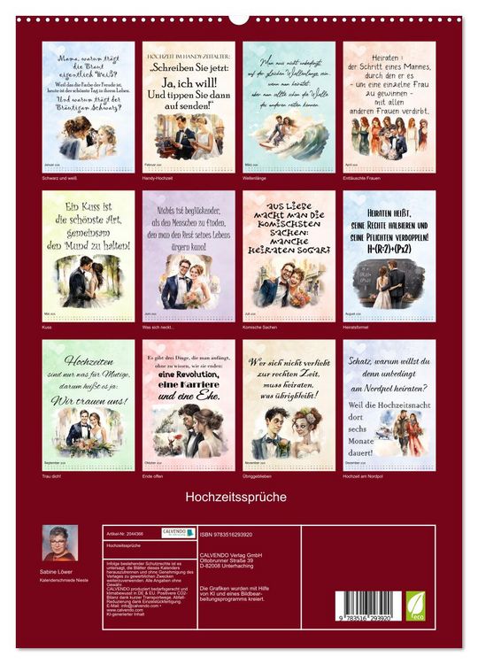 Produktbild: Hochzeitsspr&uuml;che (hochwertiger Premium Wandkalender 2026 DIN A2 hoch), Kunstdruck in Hochglanz