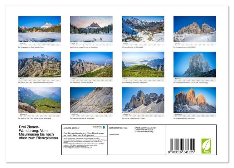 Produktbild: Drei Zinnen-Wanderung: Vom Misurinasee bis nach oben zum Rienzplateau (Wandkalender 2026 DIN A4 quer), CALVENDO Monatskalender