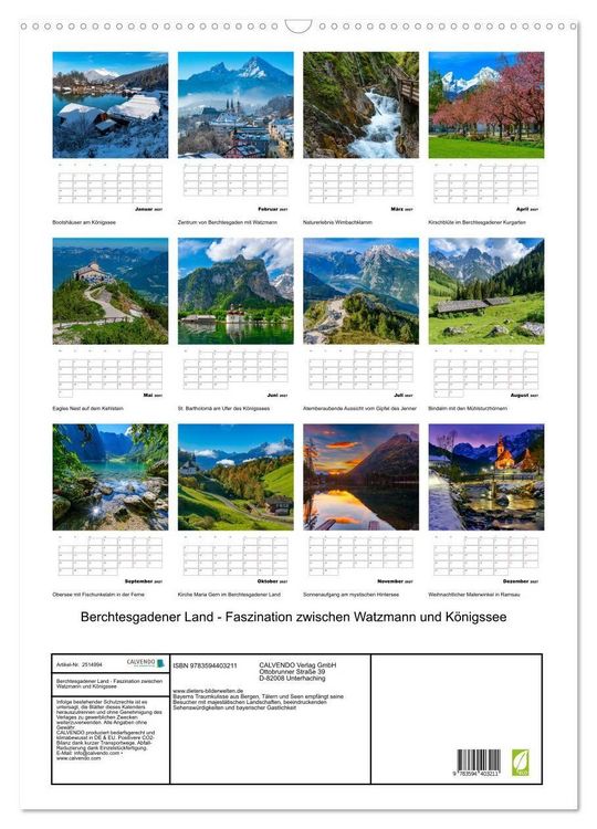 Produktbild: Berchtesgadener Land - Faszination zwischen Watzmann und K&ouml;nigssee (Wandkalender 2027 DIN A2 hoch), CALVENDO Monatskalender