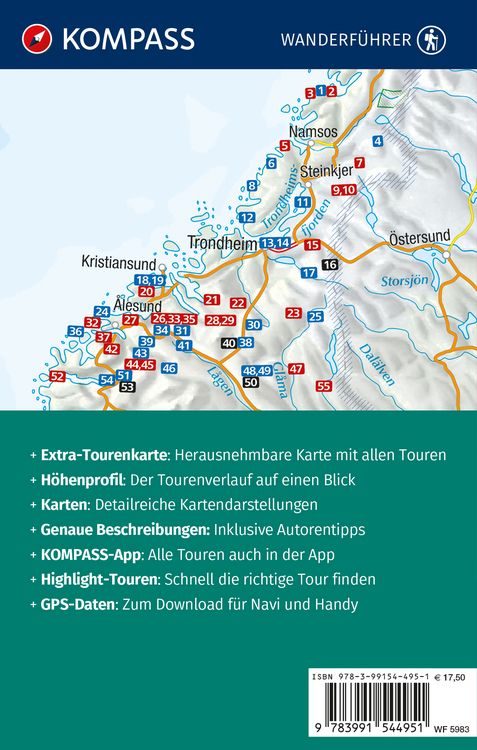 Produktbild: KOMPASS Wanderf&uuml;hrer Norwegen Mitte, von Fylke Tr&oslash;ndelag bis zum Nationalpark Jodalsbreen, 55 Touren mit Extra-Tourenkarte