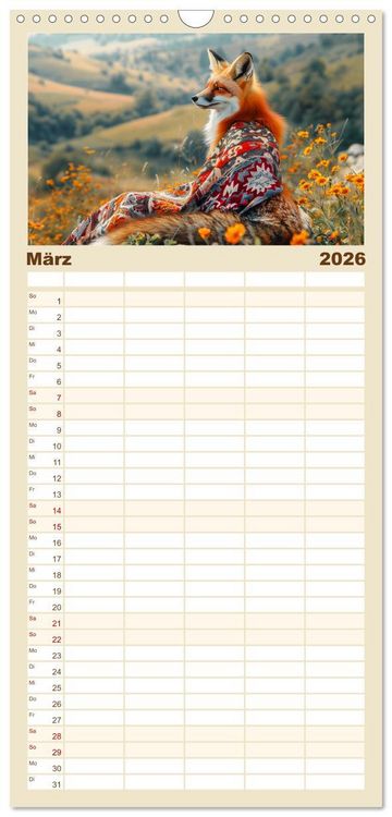 Produktbild: Familienplaner 2026 - Fuchsige Eskapaden. Reineke mit noblen Accessoires mit 5 Spalten (Wandkalender, 21 x 45 cm) CALVENDO