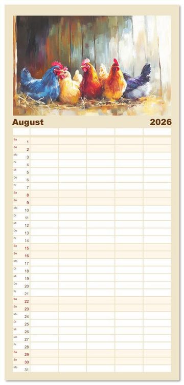 Produktbild: Familienplaner 2026 - Im Glanz der Federn. Sch&ouml;ne H&uuml;hner in malerischer Harmonie mit 5 Spalten (Wandkalender, 21 x 45 cm) CALVENDO
