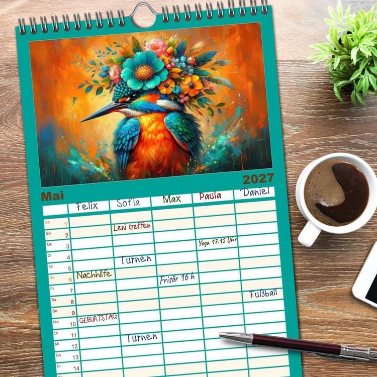 Produktbild: Familienplaner 2027 - Blumige Vogelportr&auml;ts mit 5 Spalten (Wandkalender, 21 x 45 cm) CALVENDO