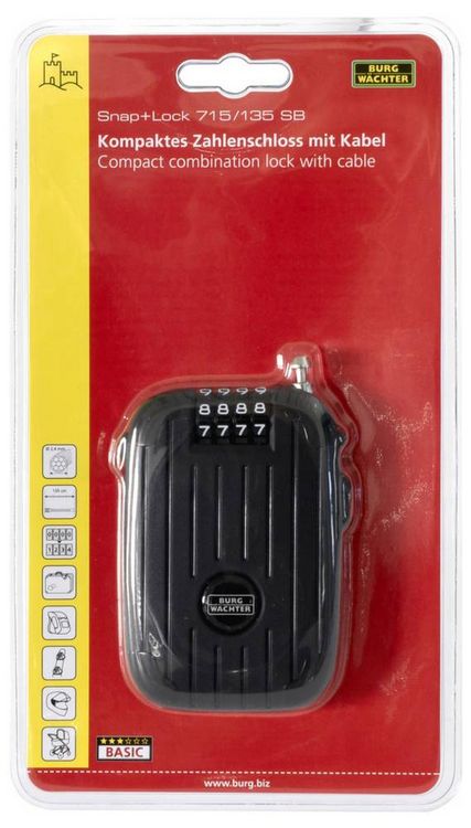 Produktbild: Burg W&auml;chter Snap+Lock 715/135 SB Kabelschloss Schwarz Zahlenschloss