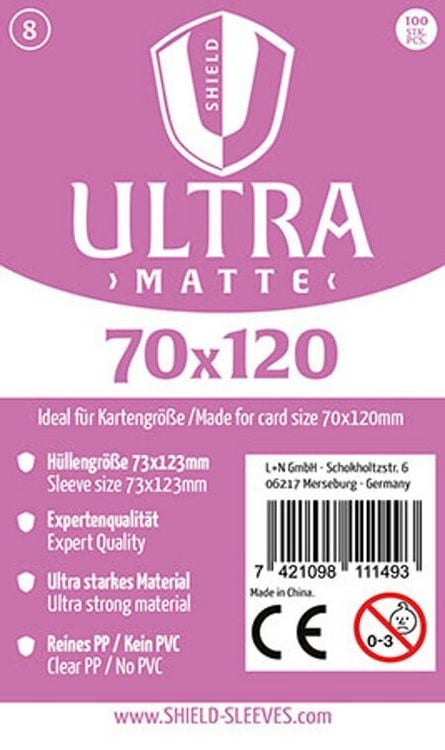Produktbild: Shield Sleeves 1027383 - Shield Ultra Matte 8, 100 Super Sleeves f&uuml;r Kartengr&ouml;&szlig;e 70 x 120 mm, Spielkarten-Schutzh&uuml;llen