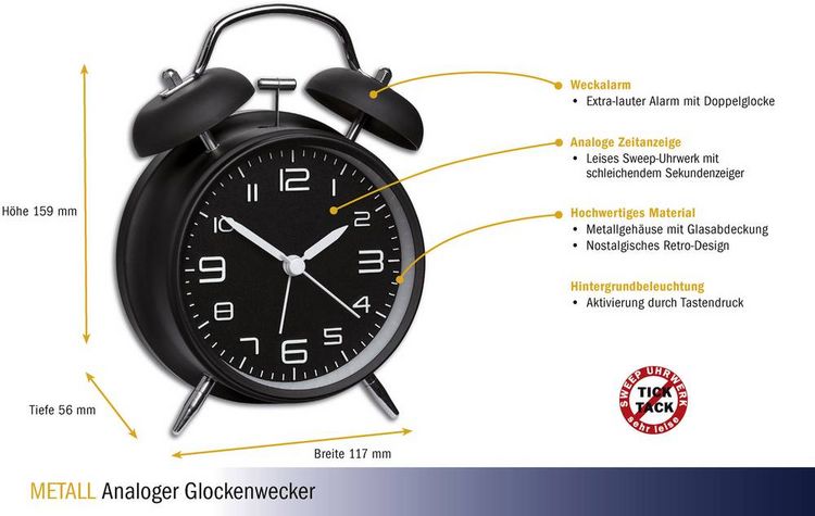Produktbild: TFA Dostmann 60.1025 Mechanisch Wecker Schwarz Alarmzeiten 1