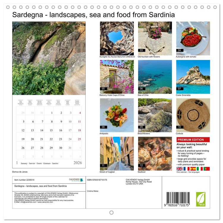 Produktbild: Sardegna - landscapes, sea and food from Sardinia (Wall Calendar 2026 12 &times; 12 Inch) CALVENDO 12 Month Wall Calendar