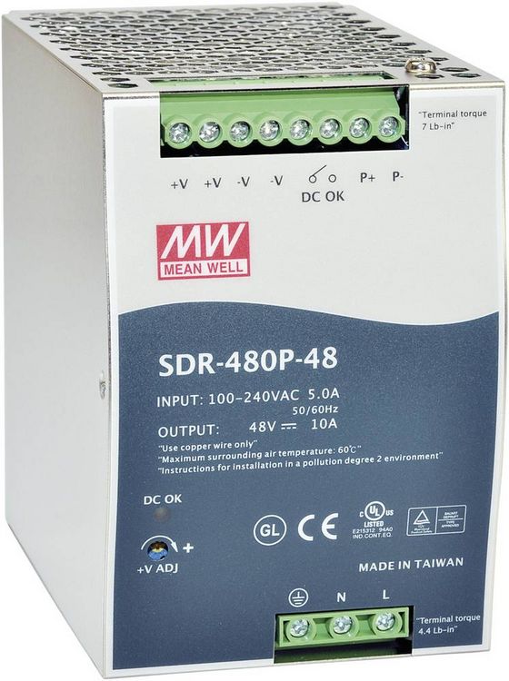 Produktbild: MEAN WELL SDR-480P-24 Hutschienen-Netzteil (DIN-Rail) 24 V/DC 20 A 480 W Anzahl Ausg&auml;nge:1 x Inhalt 1 St.