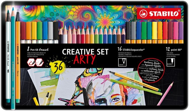 Produktbild: STABILO 8x Pen 68 brush + 16x aquacolor + 12x point 88 CREATIVE SET ARTY
