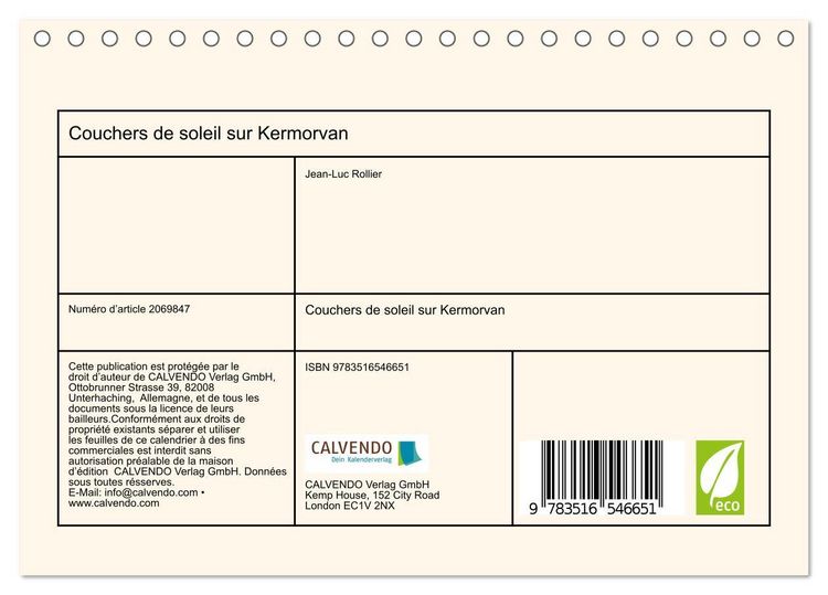 Produktbild: Couchers de soleil sur Kermorvan (Calendrier de bureau 2026 DIN A5 vertical), CALVENDO calendrier mensuel