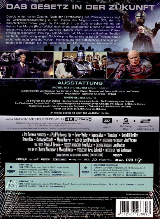 Produktbild: RoboCop - 4-Disc Limited Collector's Edition im Mediabook (Director's Cut + ungek&uuml;rzte Kinofassung) (2&nbsp;x UHD-Blu-ray + Blu-ray + Bonus-Blu-ray)