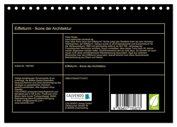 Produktbild: Eiffelturm - Ikone der Architektur (Tischkalender 2026 DIN A5 quer), CALVENDO Monatskalender