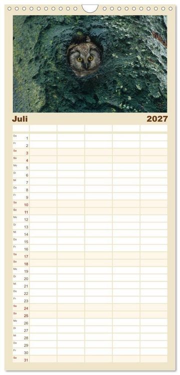 Produktbild: Familienplaner 2027 - Heimische Eulen und Greife mit 5 Spalten (Wandkalender, 21 x 45 cm) CALVENDO