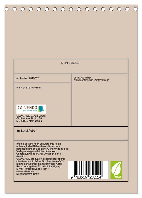 Produktbild: Im Strickfieber (Tischkalender 2026 DIN A5 hoch), CALVENDO Monatskalender