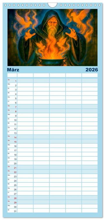 Produktbild: Familienplaner 2026 - Magische Meister - Kalender &uuml;ber Zauberer und ihre Kr&auml;fte mit 5 Spalten (Wandkalender, 21 x 45 cm) CALVENDO