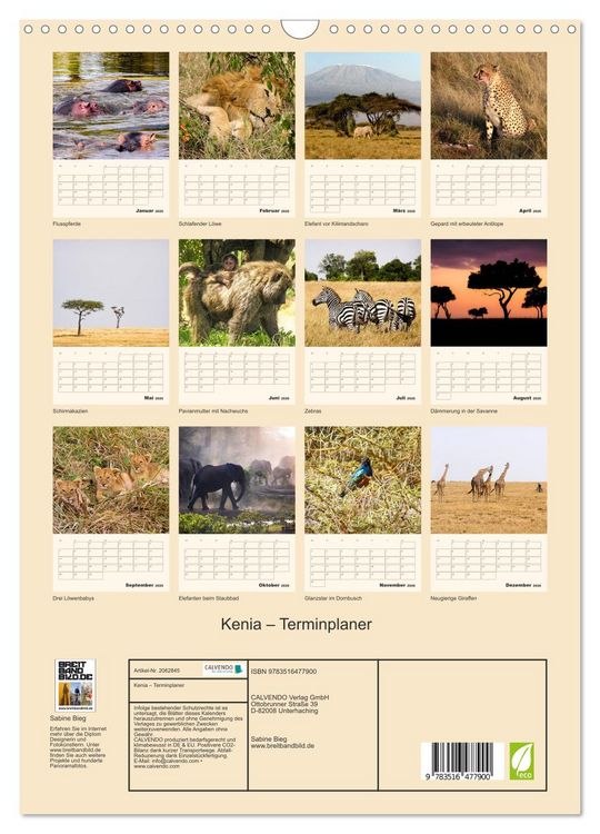 Produktbild: Kenia &ndash; Terminplaner (Wandkalender 2026 DIN A3 hoch), CALVENDO Monatskalender