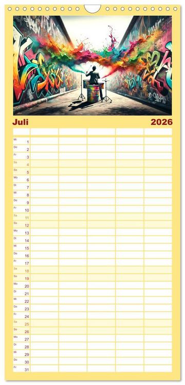 Produktbild: Familienplaner 2026 - Drummer - Color Splash Rhythms: Trommelschl&auml;ge und Farbexplosionen mit 5 Spalten (Wandkalender, 21 x 45 cm) CALVENDO