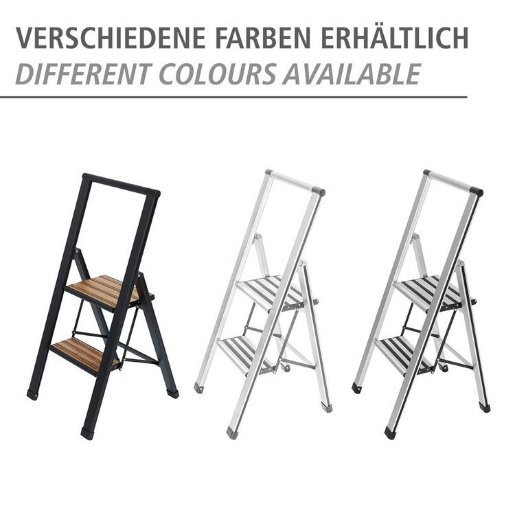 Produktbild: Alu-Design Klapptrittleiter 2-stufig Schwarz, rutschsichere XXL-Stufen