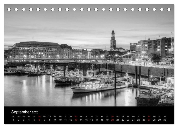 Produktbild: Hamburg monochrome Impressionen (Tischkalender 2026 DIN A5 quer), CALVENDO Monatskalender