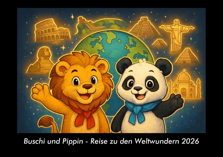 Produktbild: Buschi und Pippin - Reise zu den Weltwundern 2026 Fotokalender DIN A3