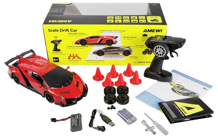 Produktbild: Amewi Veneno Drift Car Rot Brushed 1:18 RC Modellauto Elektro Drift Allradantrieb (4WD) RtR 2,4 GHz inkl. Akku und Ladekabel, Spar-Set