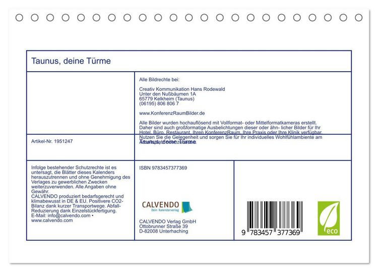 Produktbild: Taunus, deine T&uuml;rme (Tischkalender 2026 DIN A5 quer), CALVENDO Monatskalender