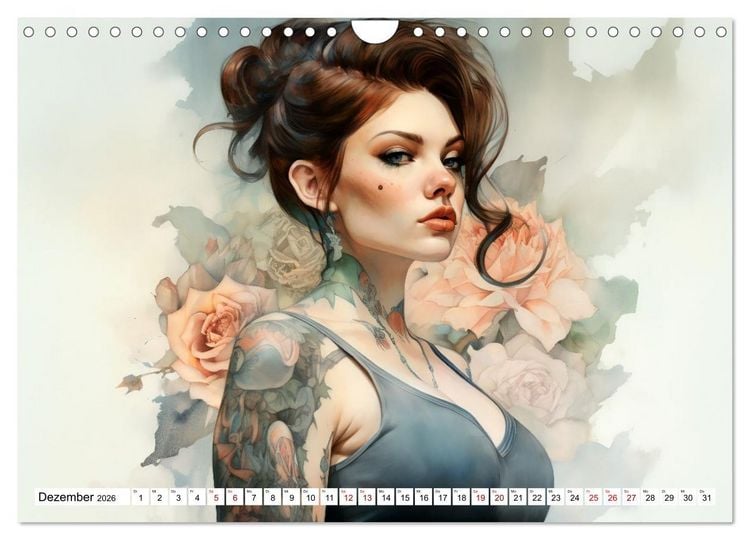 Produktbild: Tattoo trifft Kunst - Starke Tattoos treffen auf sanftes Aquarell (Wandkalender 2026 DIN A4 quer), CALVENDO Monatskalender
