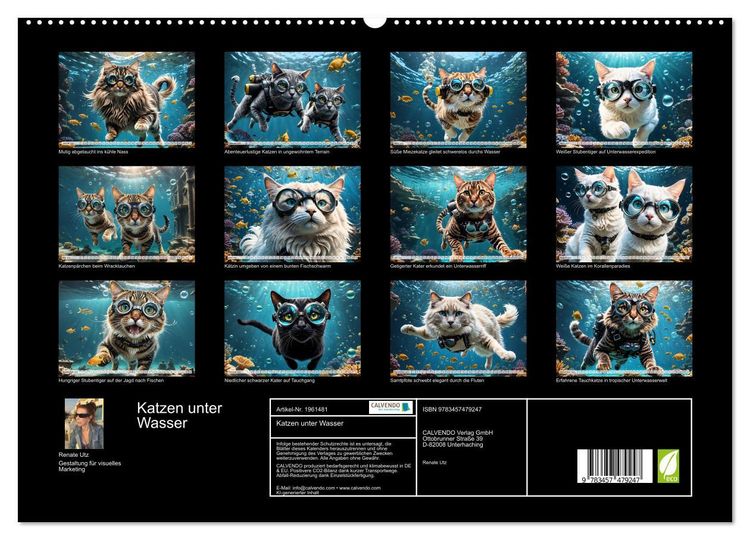 Produktbild: Katzen unter Wasser (hochwertiger Premium Wandkalender 2026 DIN A2 quer), Kunstdruck in Hochglanz