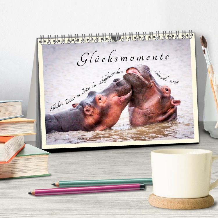Produktbild: Gl&uuml;cksmomente Gl&uuml;cks-Zitate zu Fotos der gro&szlig;artigen s&uuml;dafrikanischen Tierwelt (Tischkalender 2026 DIN A5 quer), CALVENDO Monatskalender