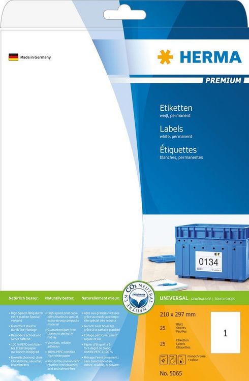 Produktbild: HERMA Etiketten permanent wei&szlig; 210x297mm 25 Blatt 25 St&uuml;ck