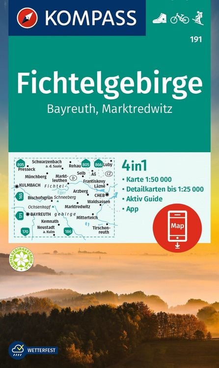 Produktbild: KOMPASS Wanderkarte 191 Fichtelgebirge, Bayreuth, Marktredwitz 1:50.000