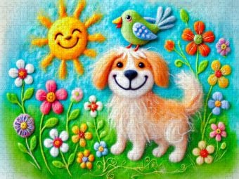Produktbild: CALVENDO Puzzle Fr&uuml;hlingsfreude mit Hund und Vogel in Filztechnik | 1000 Teile Lege-Gr&ouml;&szlig;e 64x48cm Foto-Puzzle f&uuml;r gl&uuml;ckliche Stunden