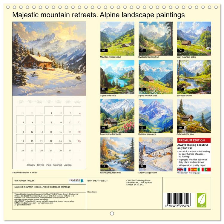 Produktbild: Majestic mountain retreats. Alpine landscape paintings (Wall Calendar 2026 12 &times; 12 Inch) CALVENDO 12 Month Wall Calendar