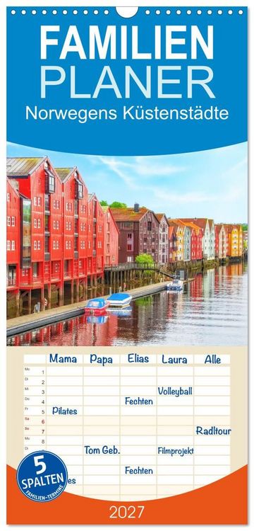 Produktbild: Familienplaner 2027 - Norwegens K&uuml;stenst&auml;dte mit 5 Spalten (Wandkalender, 21 x 45 cm) CALVENDO