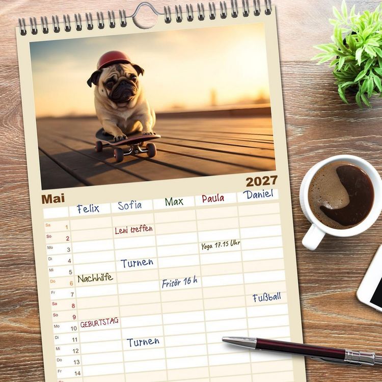 Produktbild: Familienplaner 2027 - Lustige Mops-Hunde: Die charmanten Meister von Chaos und Unfug mit 5 Spalten (Wandkalender, 21 x 45 cm) CALVENDO