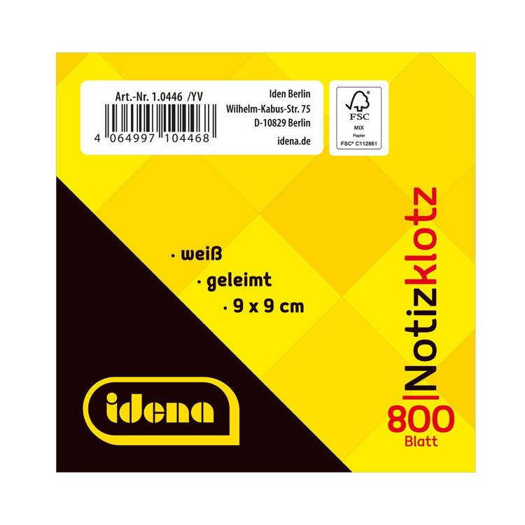 Produktbild: Idena Notizklotz geleimt 80g/m&sup2; wei&szlig; 9x9x9cm 800 Blatt