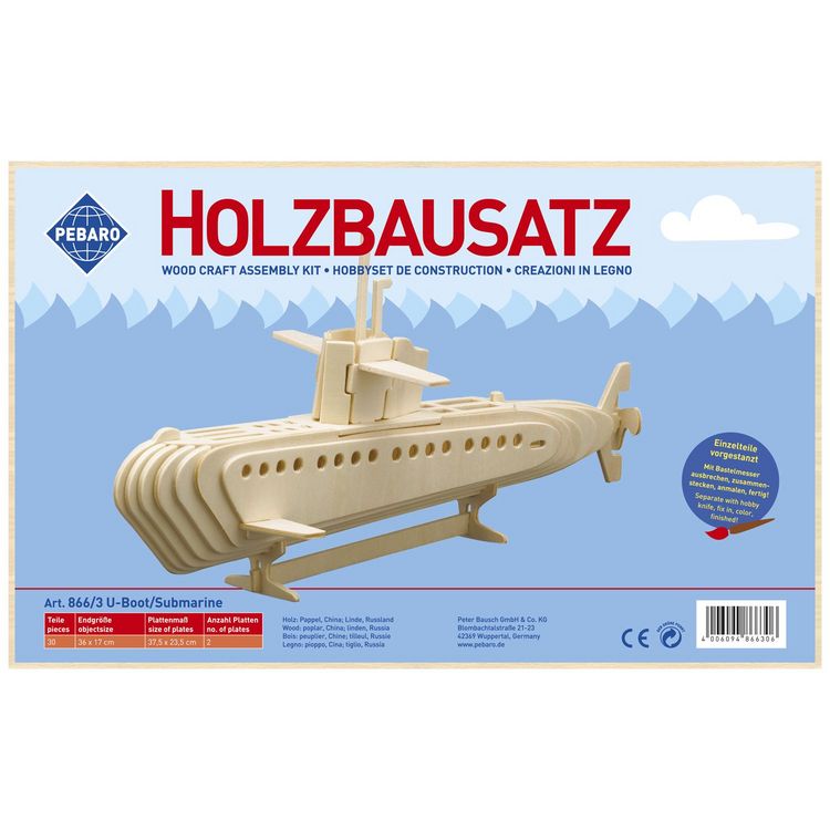 Produktbild: PEBARO 866/3 - Holzbausatz U-Boot, 30 Teile, Holzkonstruktion zum Zusammenstecken