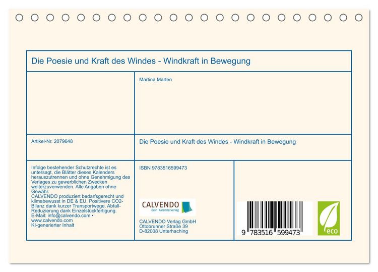 Produktbild: Die Poesie und Kraft des Windes - Windkraft in Bewegung (Tischkalender 2026 DIN A5 quer), CALVENDO Monatskalender