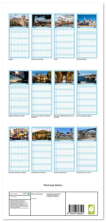 Produktbild: Familienplaner 2026 - Pen&iacute;nsula Ib&eacute;rica mit 5 Spalten (Wandkalender, 21 x 45 cm) CALVENDO