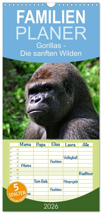 Produktbild: Familienplaner 2026 - Gorillas - Die sanften Wilden mit 5 Spalten (Wandkalender, 21 x 45 cm) CALVENDO