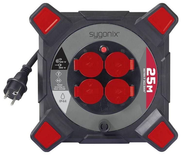 Produktbild: Sygonix SY-10236123 Kabeltrommel 25m Schwarz Schutzkontakt-Stecker