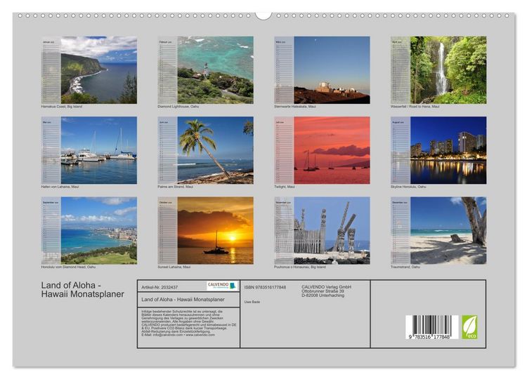 Produktbild: Land of Aloha - Hawaii Monatsplaner (hochwertiger Premium Wandkalender 2026 DIN A2 quer), Kunstdruck in Hochglanz