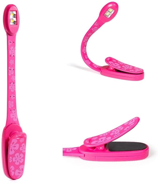 Produktbild: Flexilight Xtra (Pink Flowers) - 2-LED Leselampe mit Klammer - extralanger Hals - Geschenk für Leser, Buchliebhaber - Deutsche Ausgabe